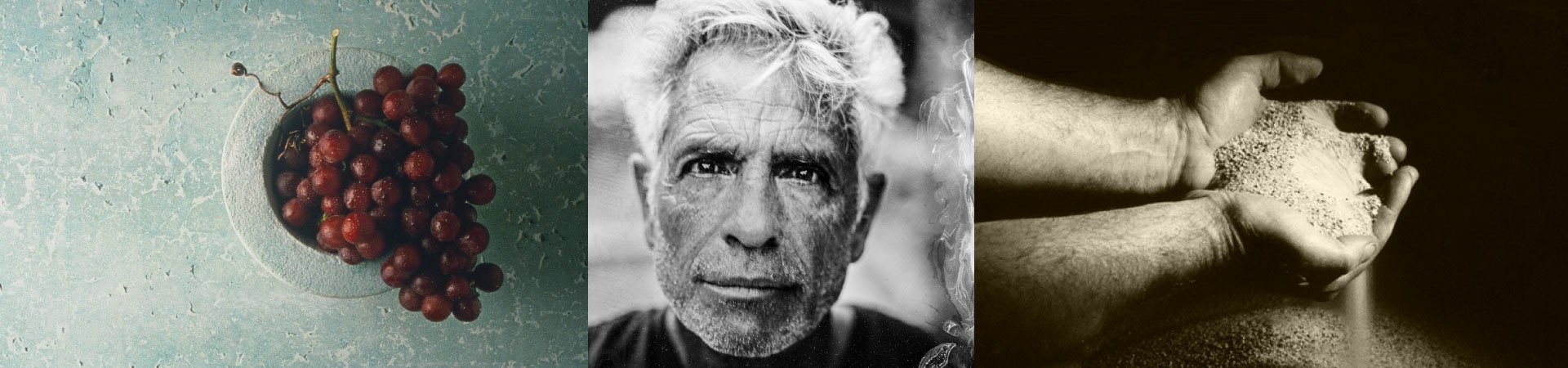 Triptych: concrete bowl, portrait, and hands with concrete
