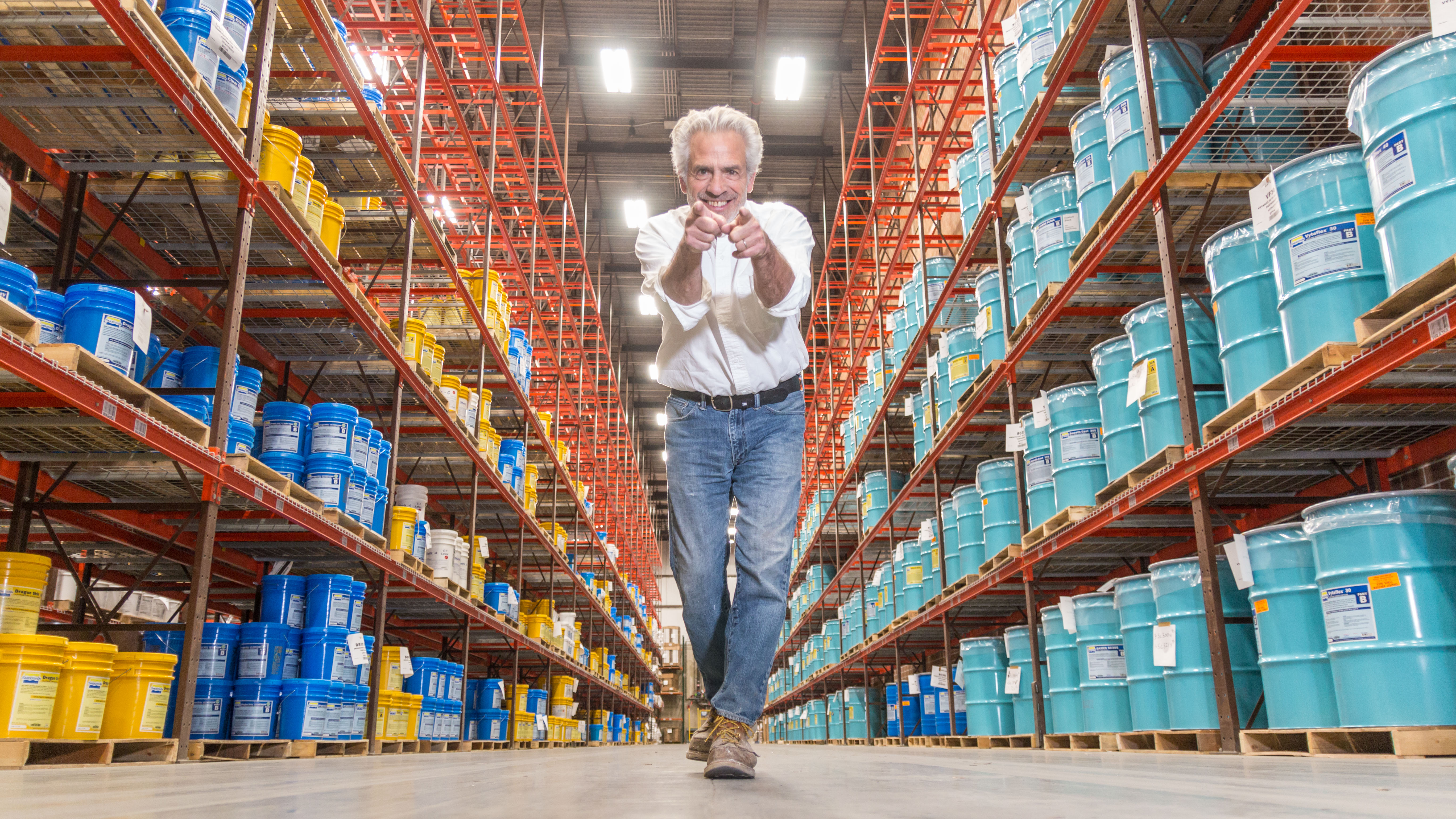 Buddy in the concrete products warehouse