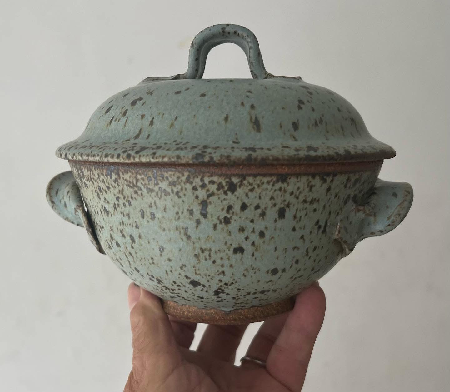 Blue-green speckled lidded bowl